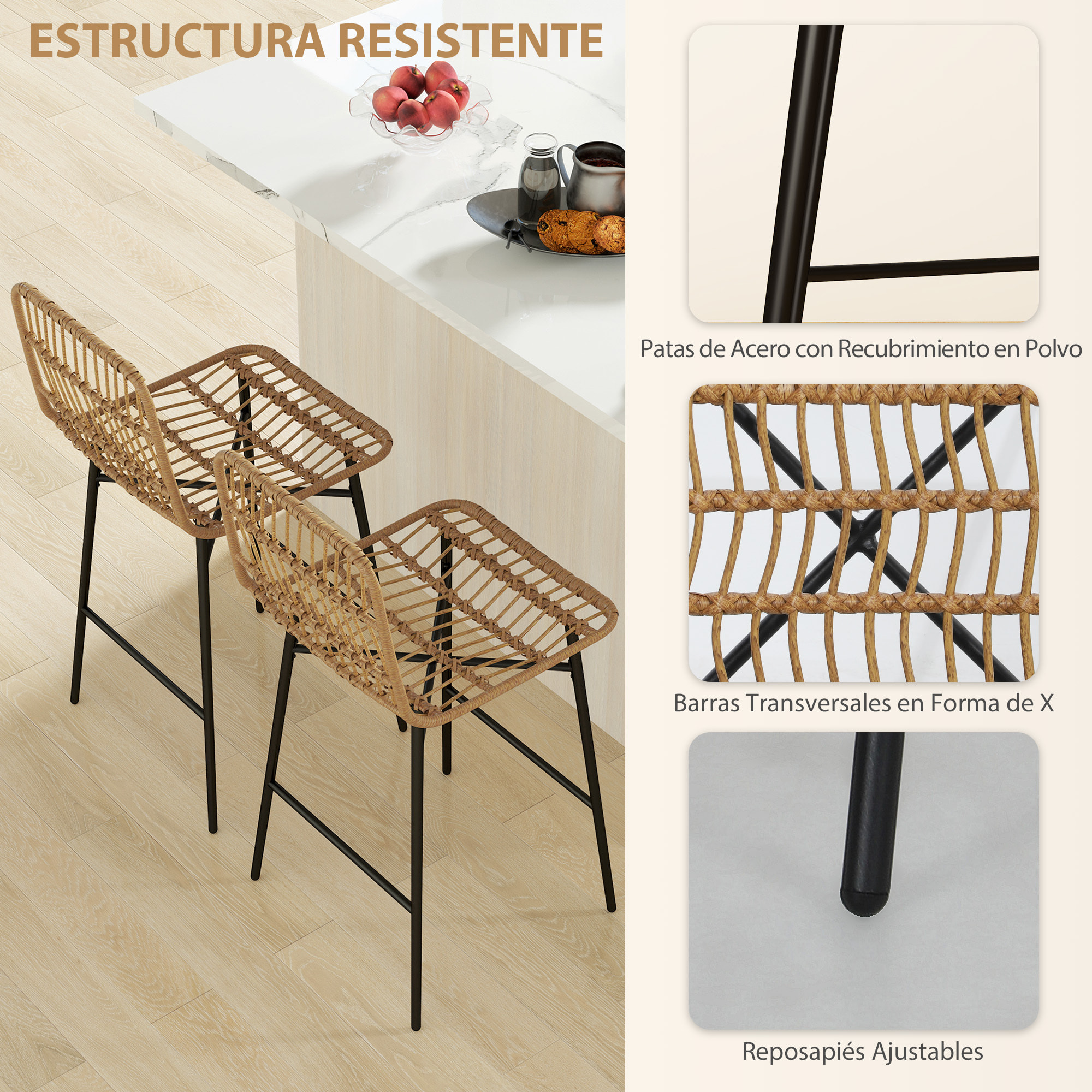 Conjunto de 2 Taburetes Altos de Cocina Taburetes de Bar con Respaldo y Asiento de Ratán Carga 120 kg Sillas de Bar Modernas para Cocina Comedor Marrón
