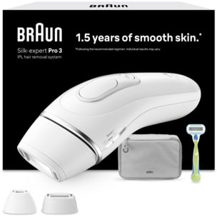 Epilateur lumière pulsée BRAUN IPL PL3122 Silk-expert pro 3, 2 têtes, 1 rasoir Gillette Venus, pochette