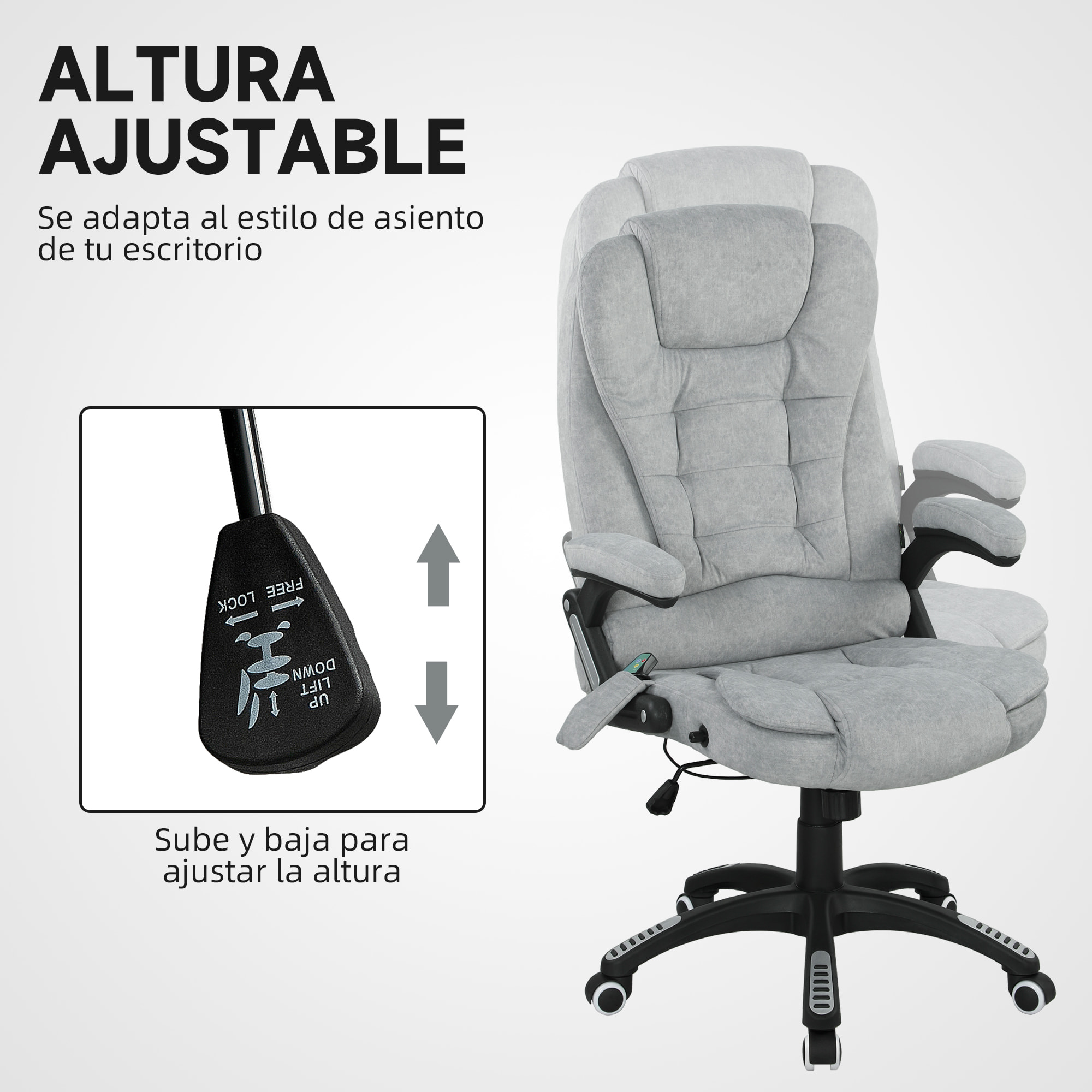Silla de Oficina con Masaje de 6 Puntos Silla de Escritorio Giratoria con Función Basculante con Calefacción Altura Ajustable Respaldo Reclinable y Mando a Distancia 65x71x110-120 cm Gris