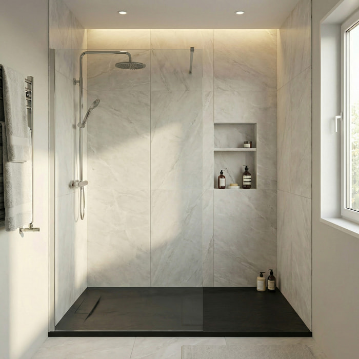 PixL 120x80 cm receveur de douche rectangulaire à poser en résine composite avec surface effet pierre, noir (CERAPX12080B)