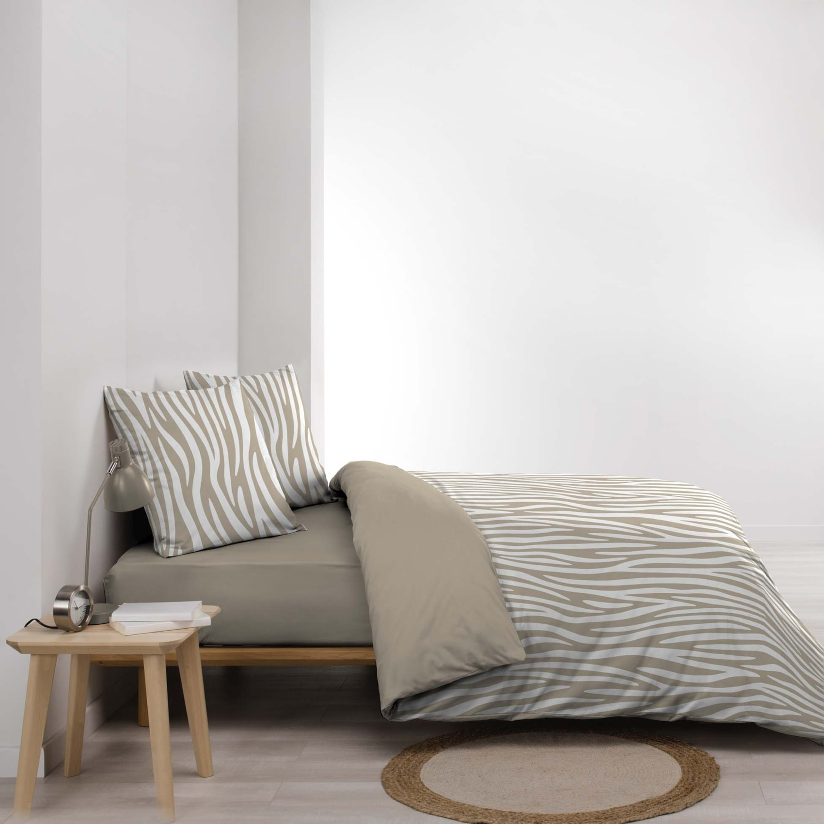 Parure de lit 3 pièces 100 % coton imprimé zèbre housse + taies - Naturel