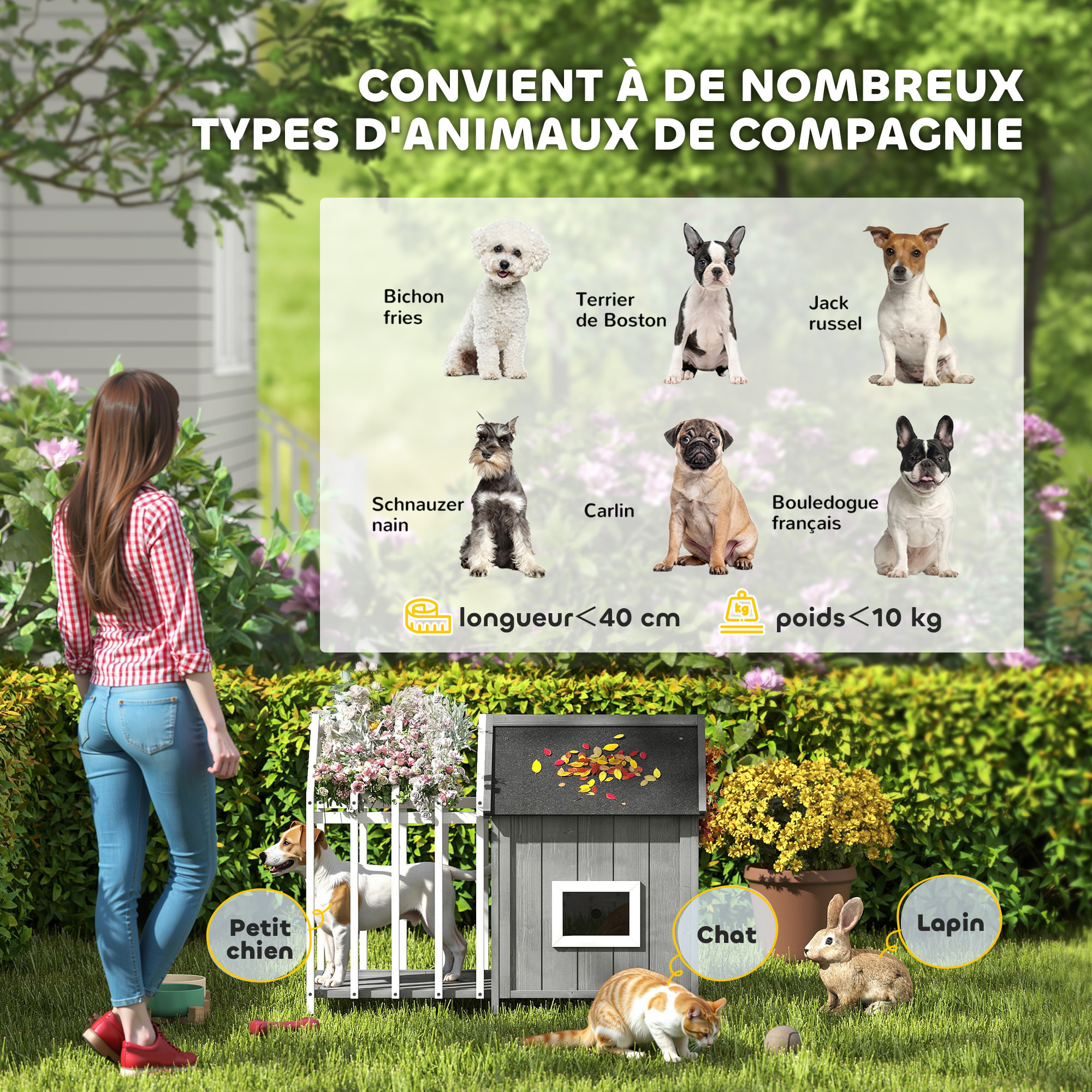 Niche villa pour chien sur pied - terrasse, claustra, auvent, porte, fenêtre, toit bitumé - bois blanc gris