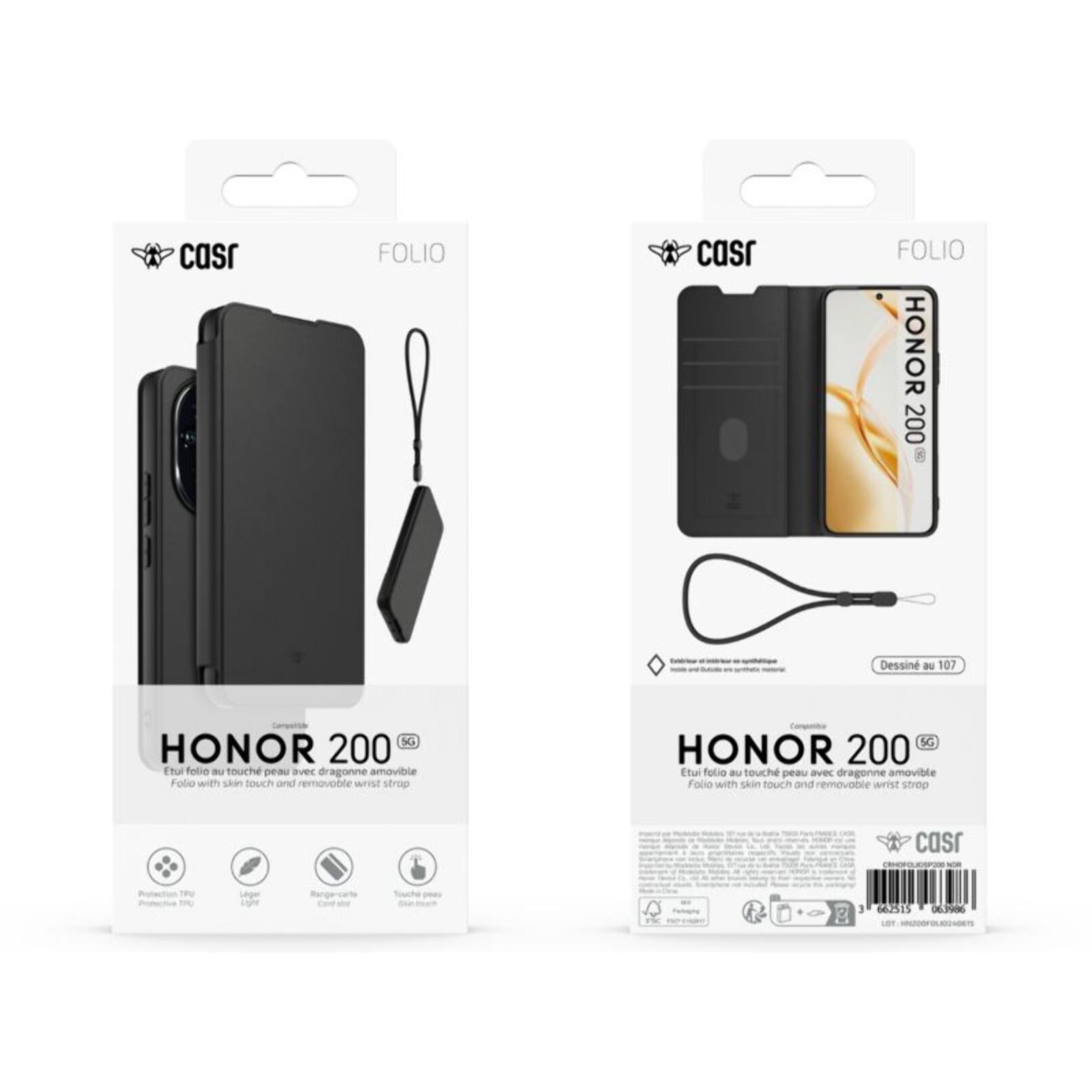 Etui avec cordon CASR Honor 200 folio premium noir + dragonne