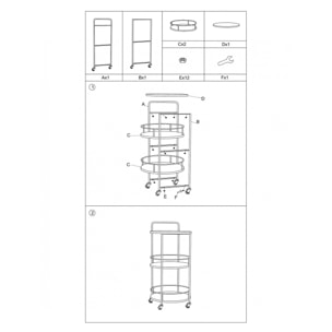 Carrello rotondo in metallo e legno, con 3 ripiani e pratiche rotelle, colore nero, Misure 41,5 x 82 x 40 cm