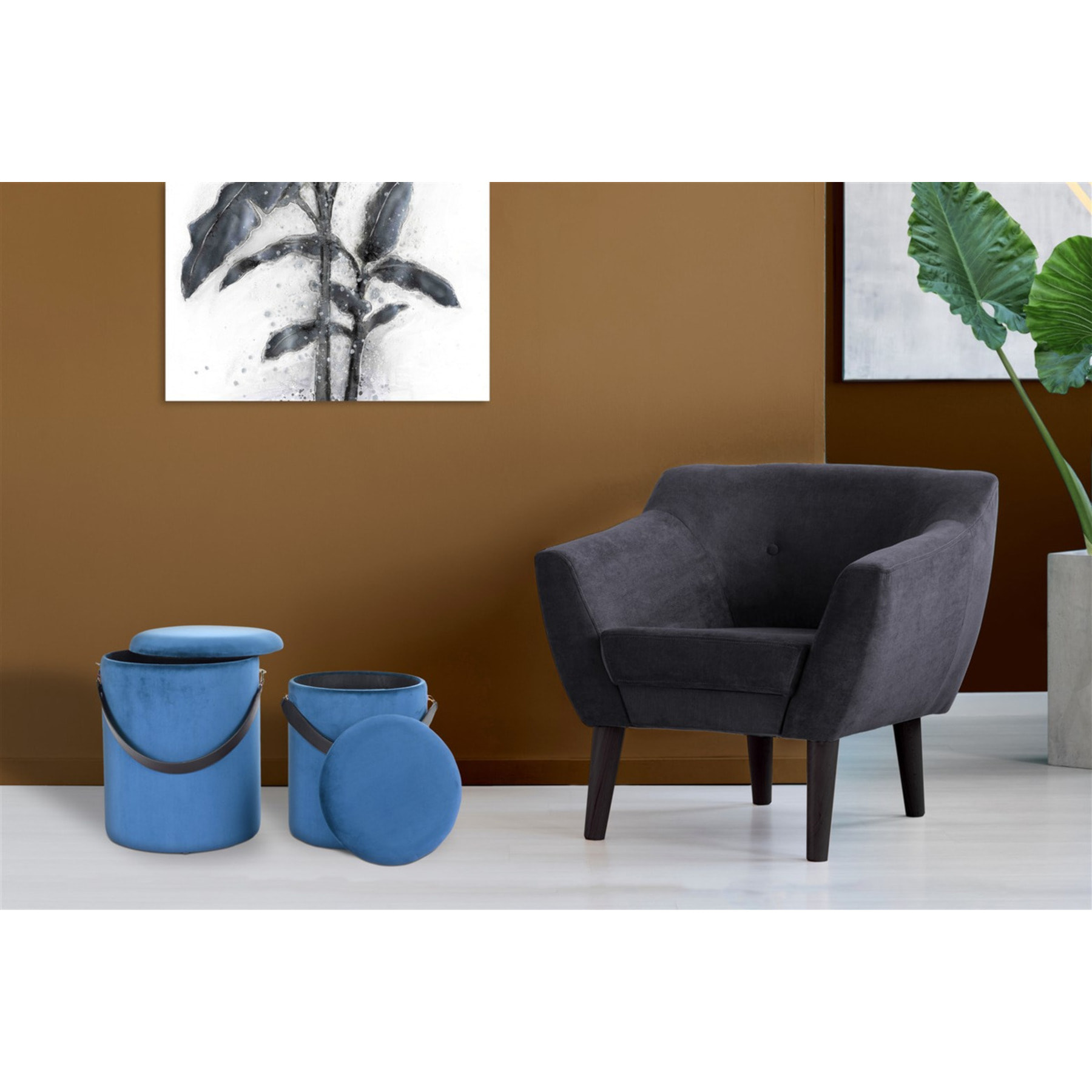 Set di 2 pouf contenitori Arabella in velluto blu e nero