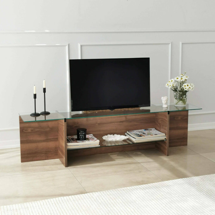 Mobile porta TV Dlinett, Credenza da soggiorno, Armadio basso per TV, Base parete attrezzata, 158x35h40 cm, Noce