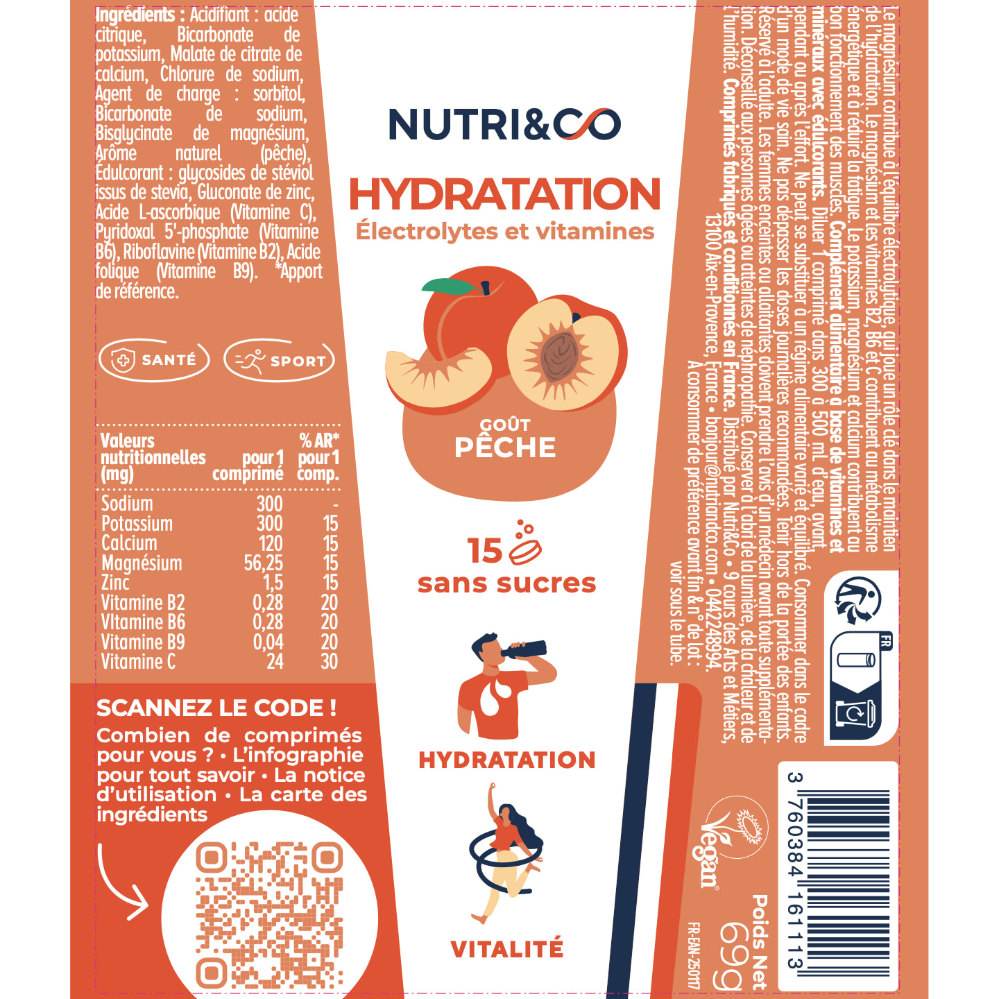 Nutri&Co Électrolytes Hydratation - 5 Minéraux 4 Vitamines - Goût Pêche - Lot de 3 tubes - 45 comprimés
