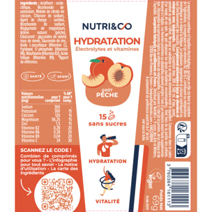 Nutri&Co Électrolytes Hydratation - 5 Minéraux 4 Vitamines - Goût Pêche - Lot de 3 tubes - 45 comprimés