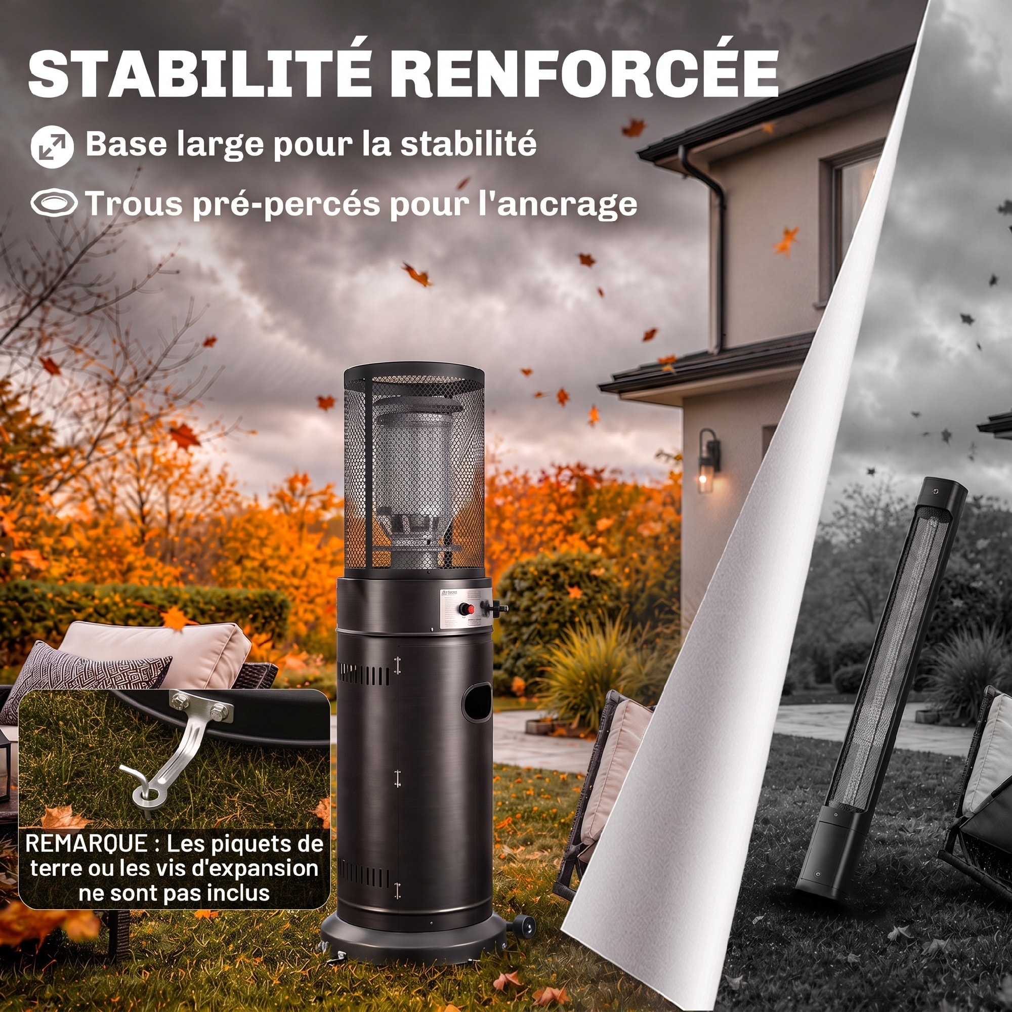 Parasol chauffant gaz 11kW 30m² grille de protection rouelttes noir