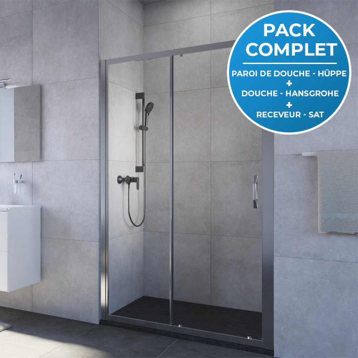 Pack douche : Porte coulissante 120cm + Set de douche avec mitigeur Hansgrohe + Receveur 120x80cm Noir