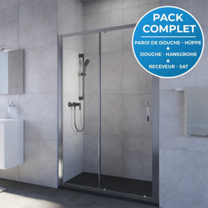 Pack douche : Porte coulissante 120cm + Set de douche avec mitigeur Hansgrohe + Receveur 120x80cm Noir