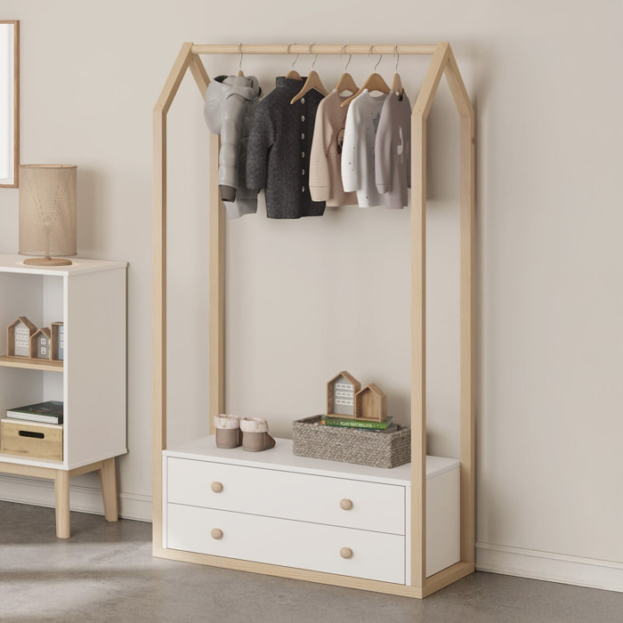 Penderie cabane enfant 2 tiroirs en bois - ELISE