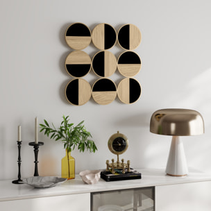 Cuadro Decorativo de Pared Geométrico, Adorno Moderno 3D de 60x60 cm, Escultura de Pared con Espejo de Plástico, Marco Metálico, para Salón, Dormitorio, Pasillo, Negro y Madera Natural