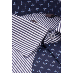 Camicia Uomo Bottone Italiano Slim Popeline Riga Larga Bianco e Blu