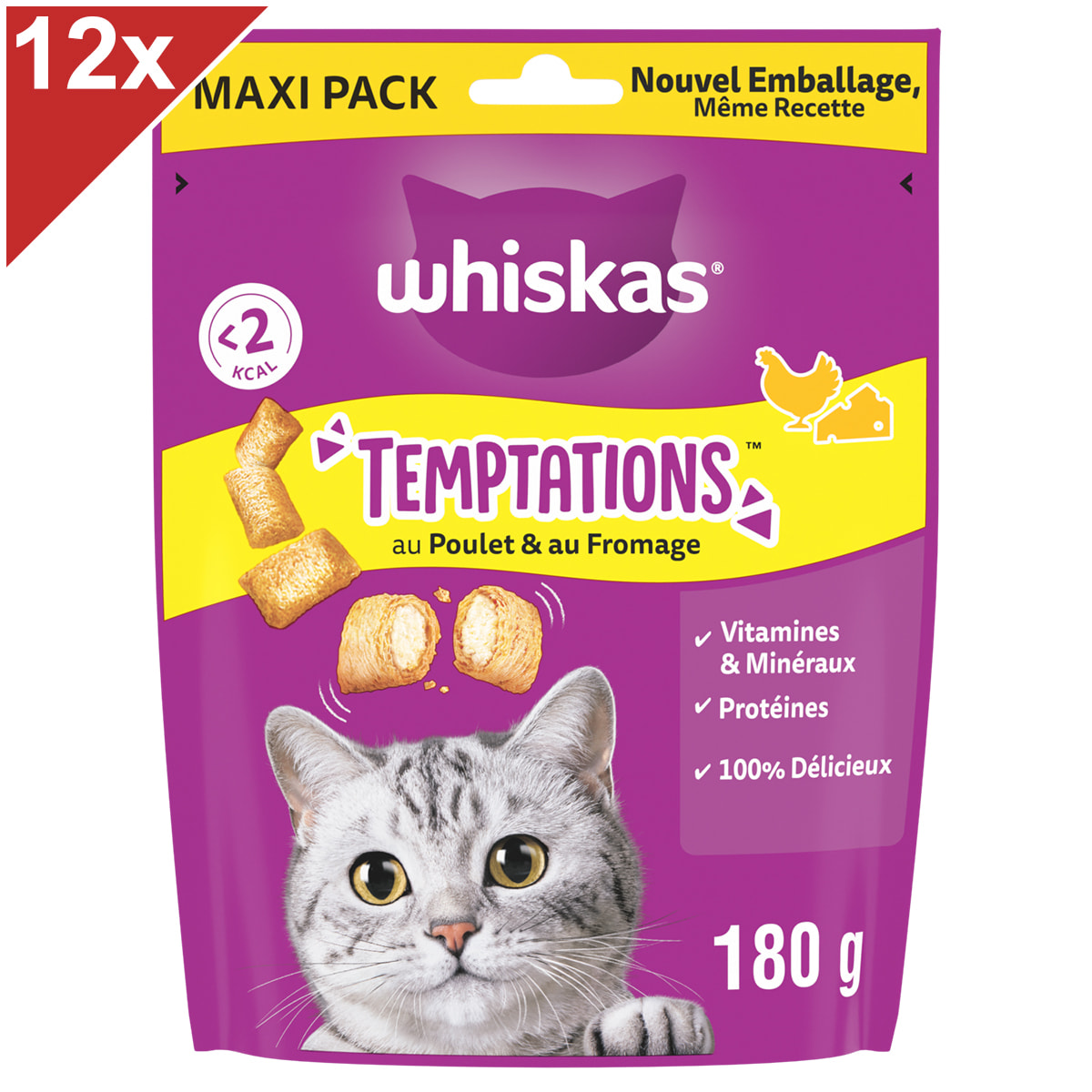 WHISKAS Temptations 12 Friandises pour chat au Poulet et Fromage (12x180g)