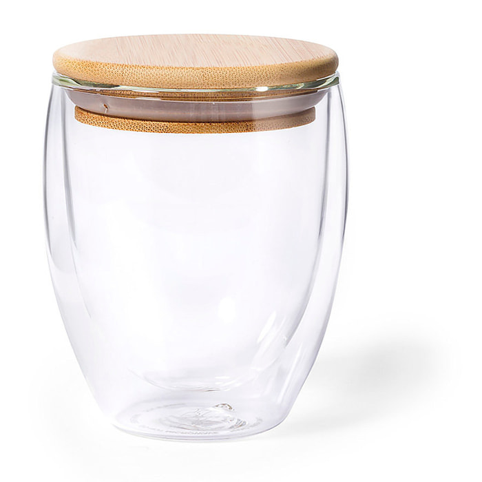 Vetro termico borosilicato a doppia parete 250 ml Con coperchio in bambù