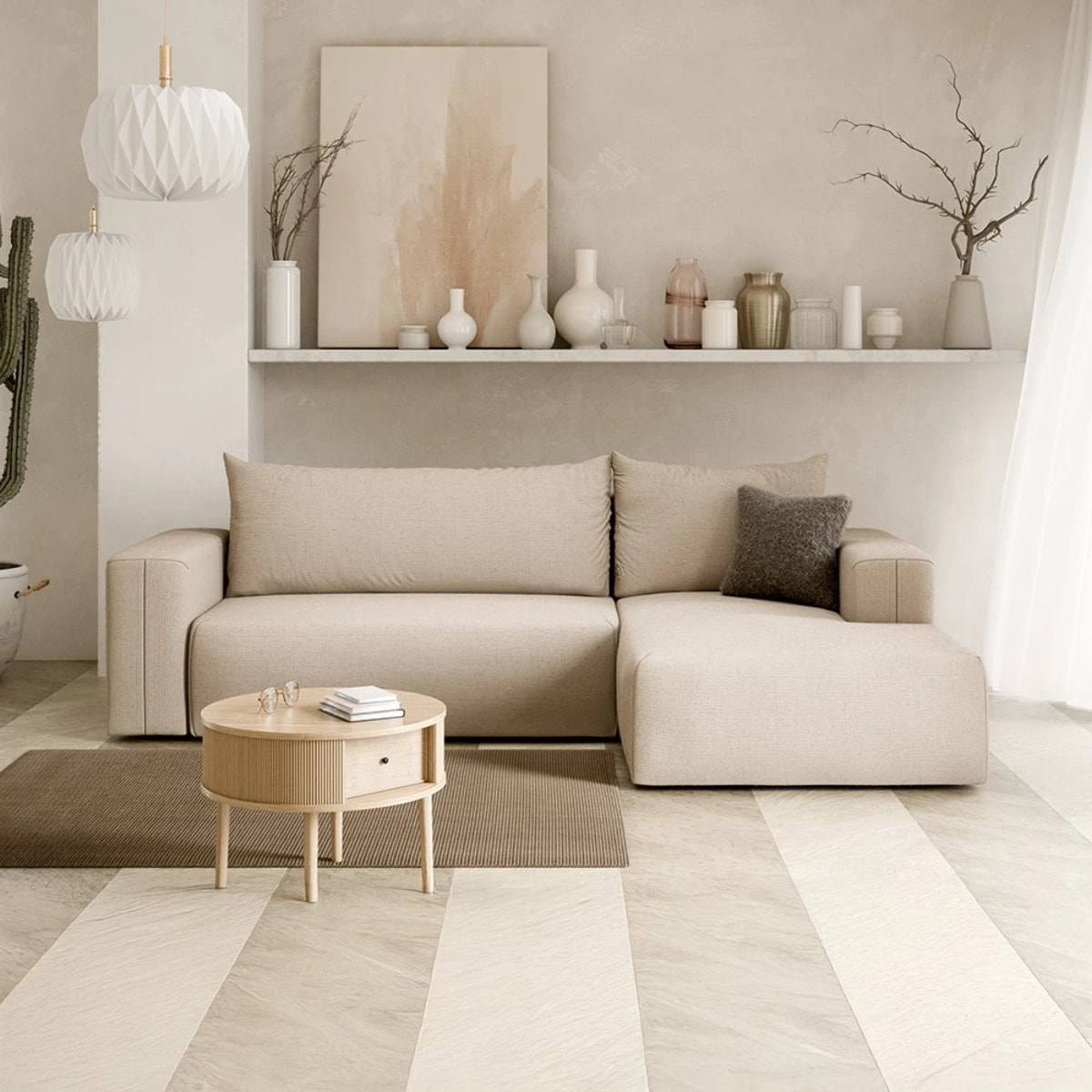 NALA - Canapé d'angle droit convertible 4 places en tissu beige