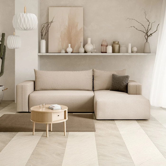 NALA - Canapé d'angle droit convertible 4 places en tissu beige