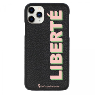 Coque iPhone 11 Pro effet cuir grainé noir Liberté rose et vert Design La Coque Francaise