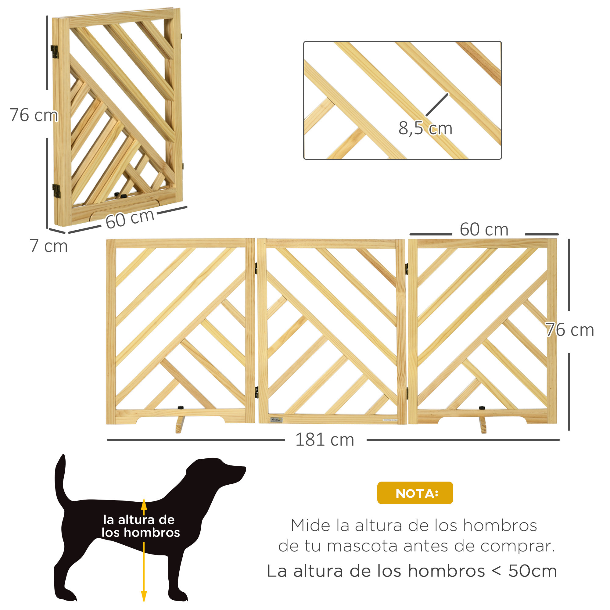 Barrera de Seguridad Plegable para Perros de 3 Paneles 181x35x76 cm Natural