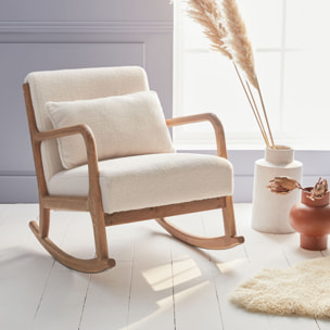 Fauteuil à bascule design en bois et tissu. bouclettes blanches. 1 place. rocking chair scandinave