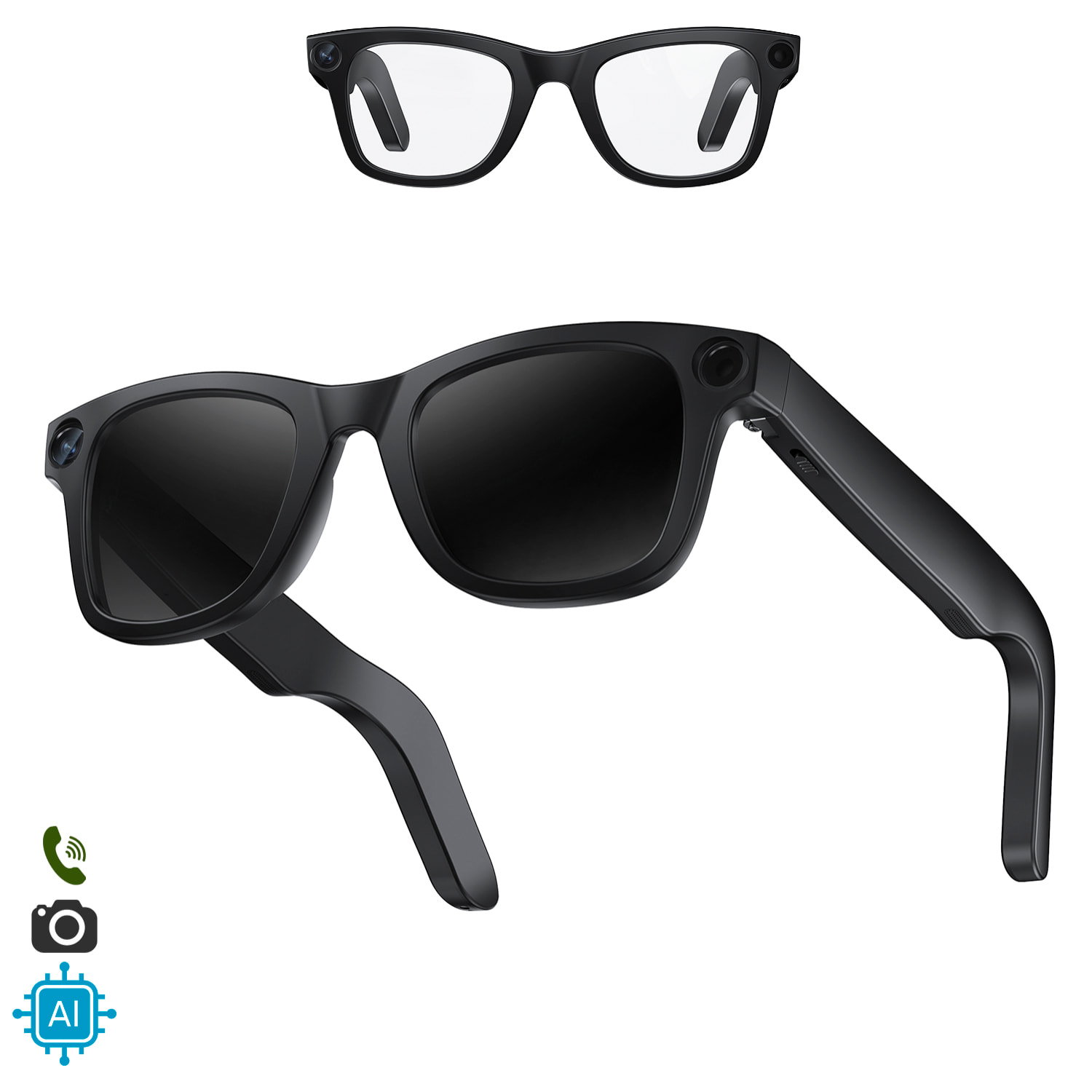 Gafas inteligentes E2. Con cámara de 8MPX, vídeos en 1080p, traductor AI en tiempo real y control de música/llamadas. Con lentes oscuras y transparentes.