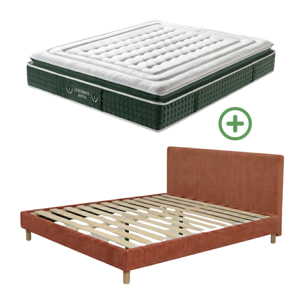 Ensemble matelas Jade & lit fixe Colisée | Mémoire de forme et ressorts ensachés | cadre à lattes | Velours côtelé | Terracotta