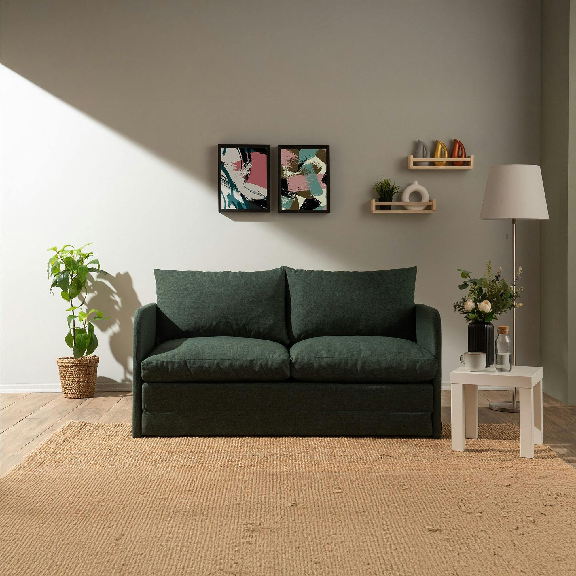 Canapé-lit en lin vert foncé, 2 personnes 140 cm ORURO