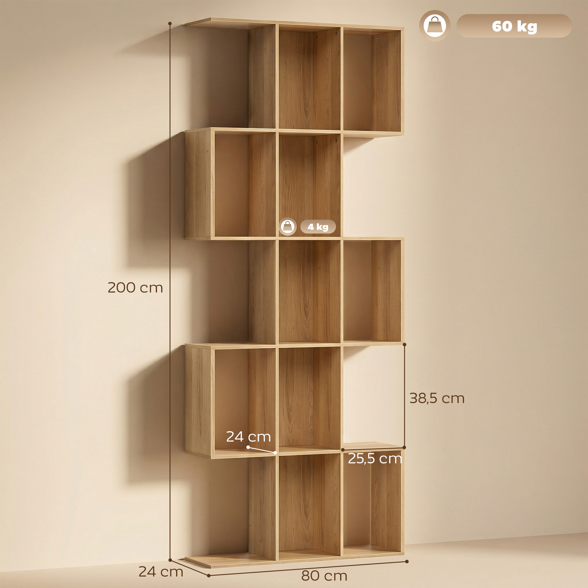 Estantería de 5 Niveles, Biblioteca Estrecha, Librería en Forma de S, para Salón, Dormitorio, Estudio, Oficina, 80x24x200 cm, Roble