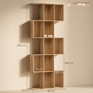 Estantería de 5 Niveles, Biblioteca Estrecha, Librería en Forma de S, para Salón, Dormitorio, Estudio, Oficina, 80x24x200 cm, Roble