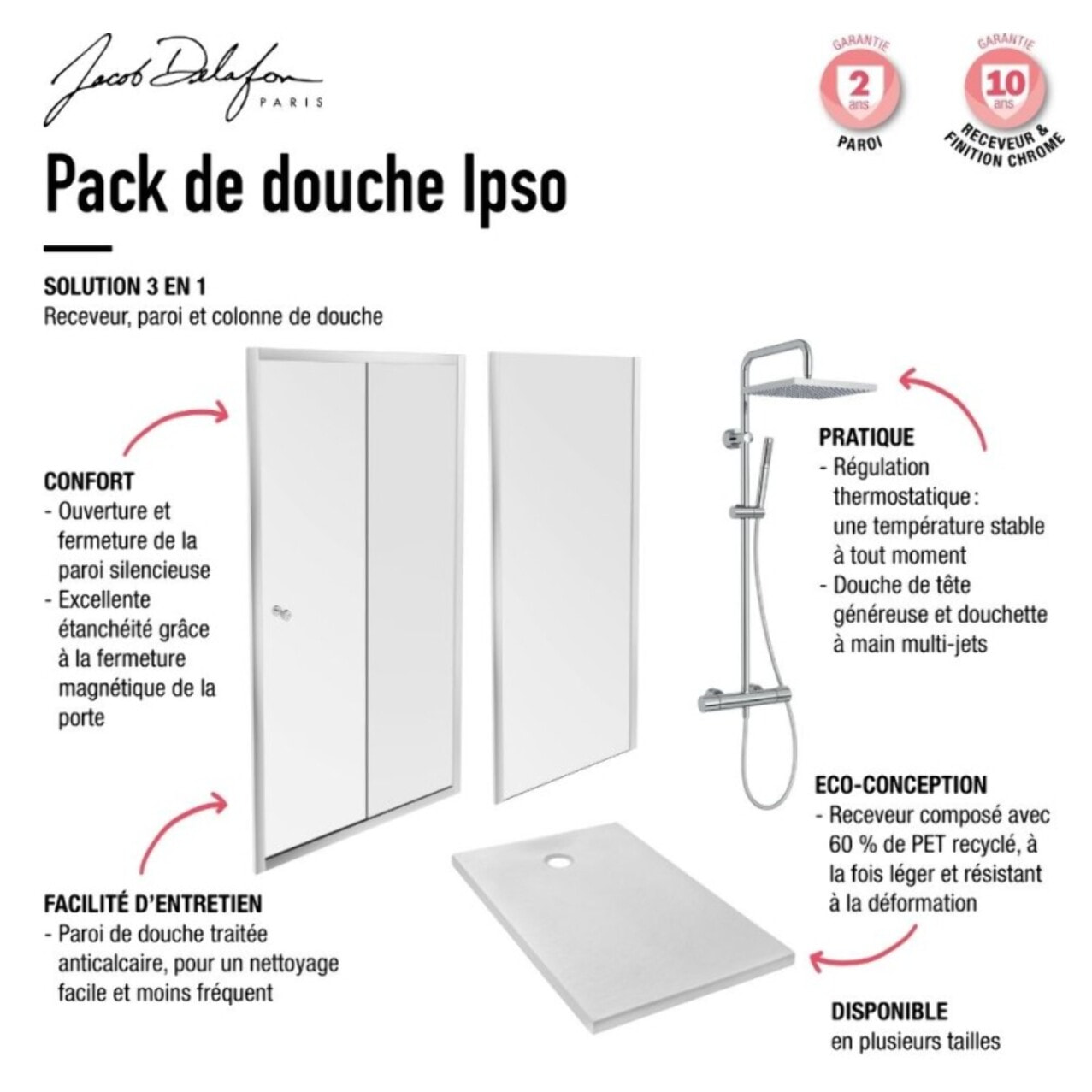Receveur Ipso + paroi porte pivotante angle + colonne douche Brigitte