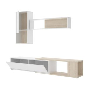 Parete attrezzata Denali, Set da soggiorno modulare ad angolo, Mobile salotto multiposizione, 230x41h180 cm, Bianco e Rovere