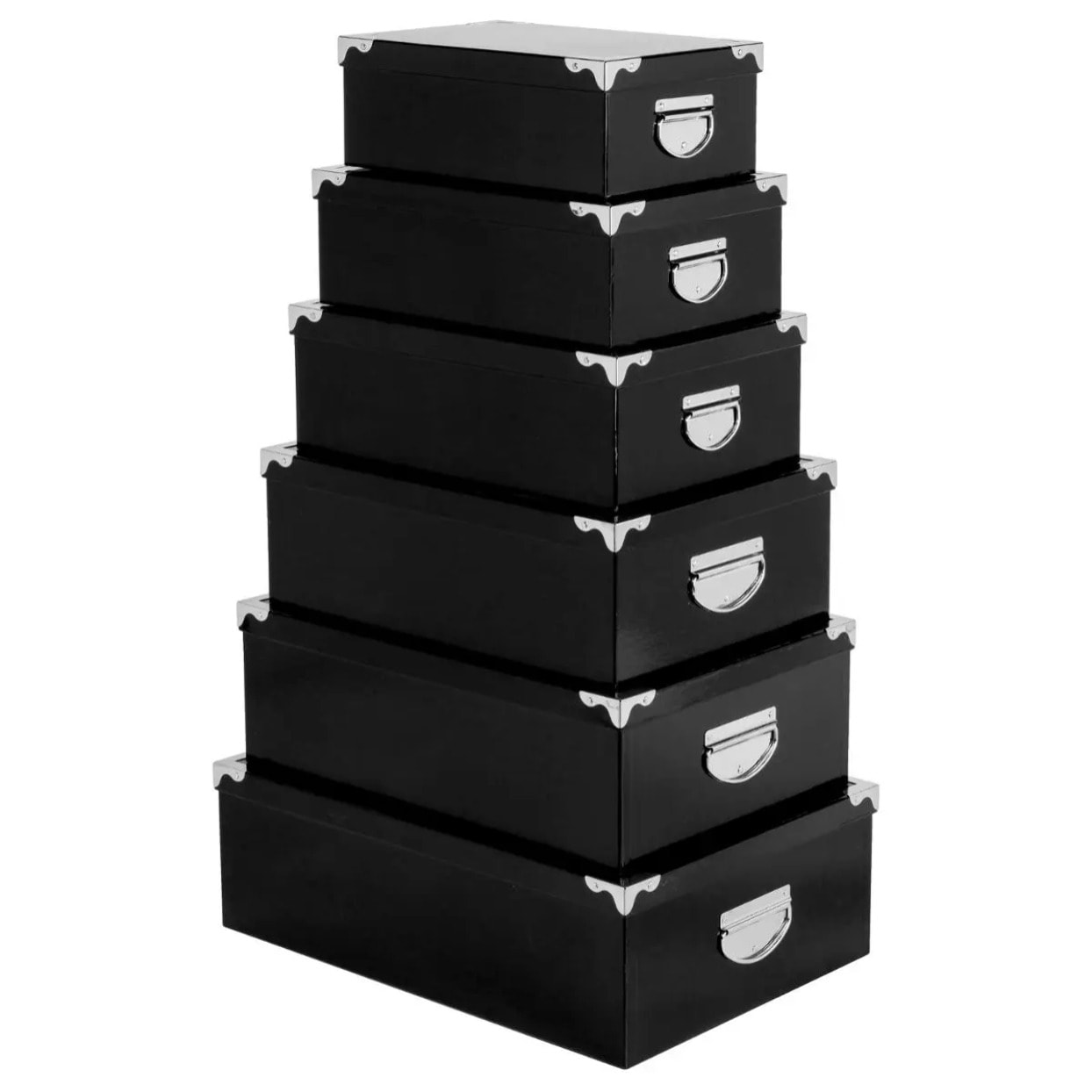 6 boîtes noires, coins en métal, carton