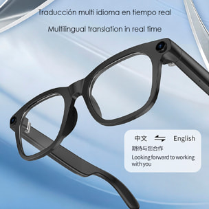 Gafas inteligentes HY15 con cámara de 12 MP para fotos y video de 2.5k. Traductor en tiempo real con asistente de voz inteligente y acceso a ChatGPT vía app. Control de música y llamadas.