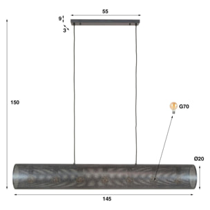 Suspension tube en métal noir perforé 7 lampes RALF