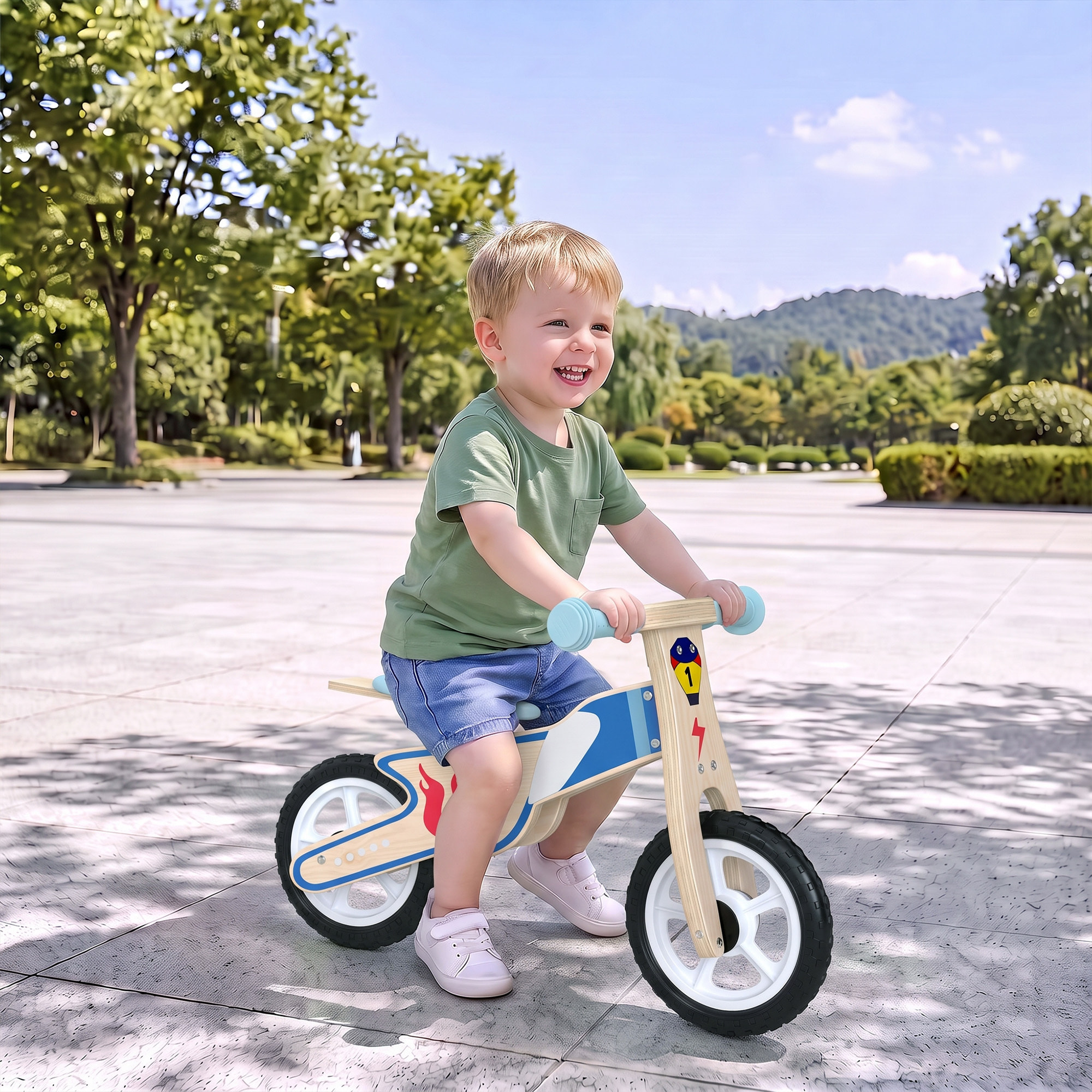 Draisienne enfant bois moto flamme selle réglable pneus EVA