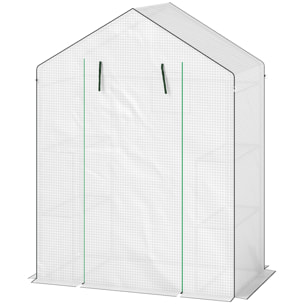 Serre de jardin 4 tablettes dim. 1,43L x 0,74l x 1,9H m porte déroulante fenêtre acier PE haute densité blanc