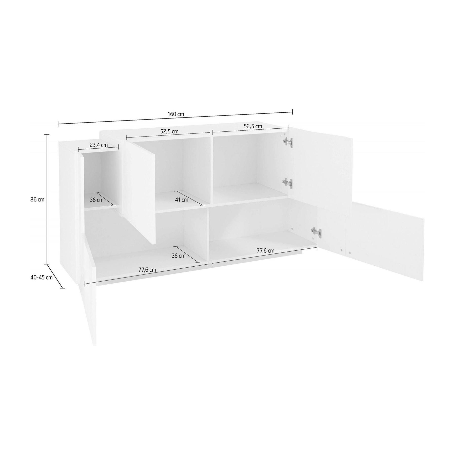 Credenza moderna a 4 ante, Made in Italy, Madia da cucina, Buffet di design da soggiorno, cm 160x45h86, colore Bianco lucido e Cemento