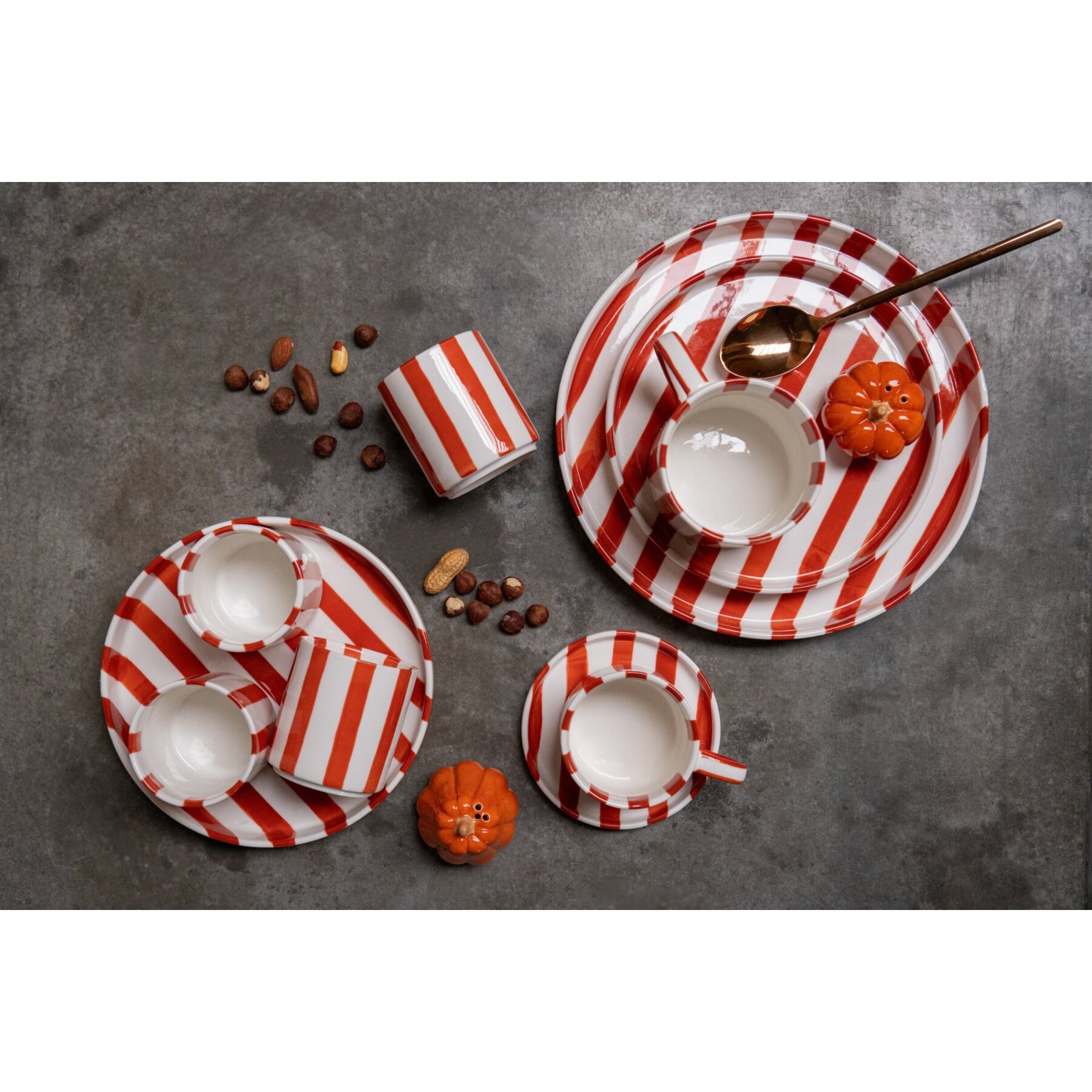 J-Line Tasse et sous-tasse lignée - grès - cognac/blanc - set de 4