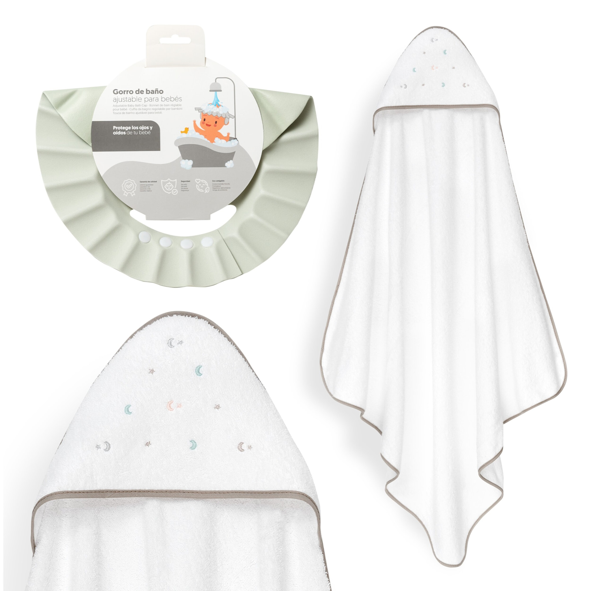Capa Baño 1X1 Mod Estrella Luna Multicolor+Gorro Bco/Beig