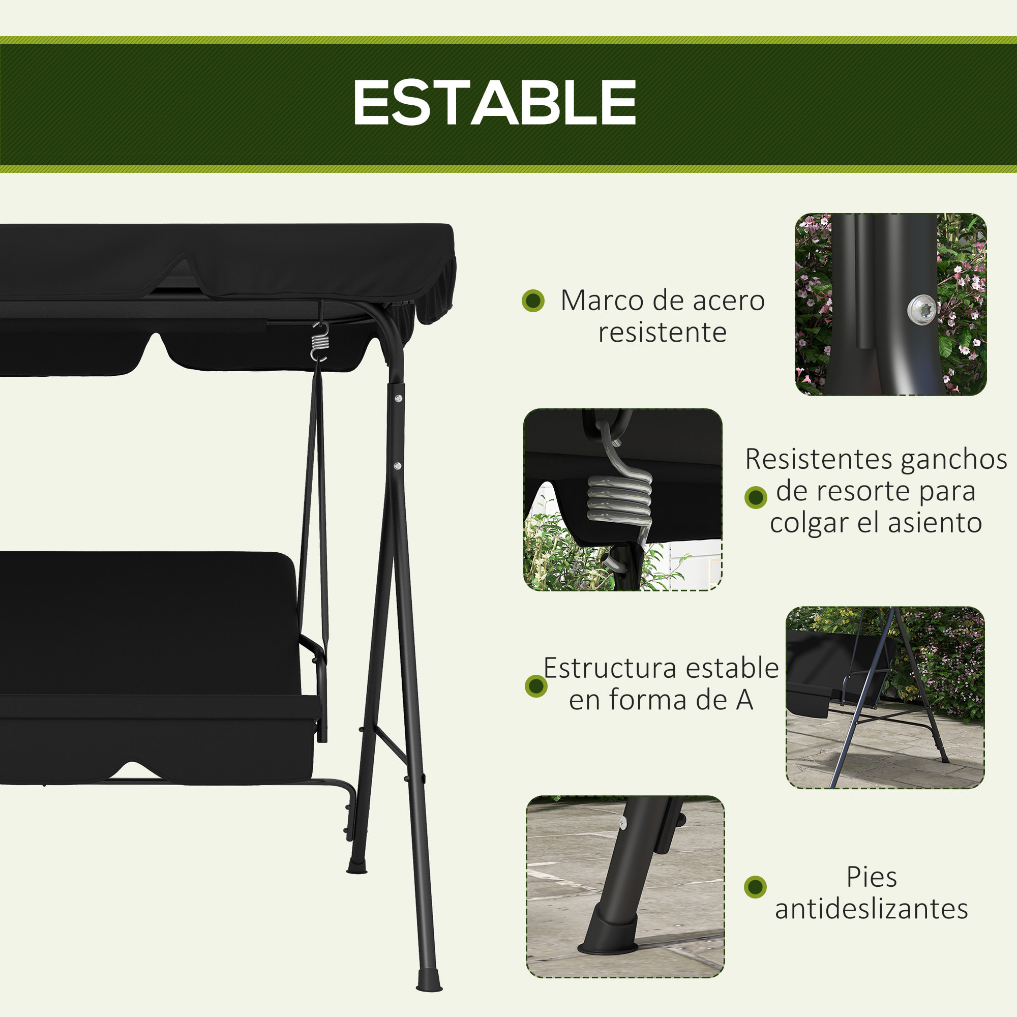 Columpio de Jardín de 3 Plazas Balancín Exterior con Techo Ajustable y Marco de Acero para Balcón Terraza Patio Carga 200 kg 172x110x153 cm Negro