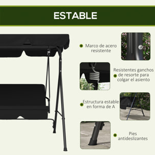 Columpio de Jardín de 3 Plazas Balancín Exterior con Techo Ajustable y Marco de Acero para Balcón Terraza Patio Carga 200 kg 172x110x153 cm Negro