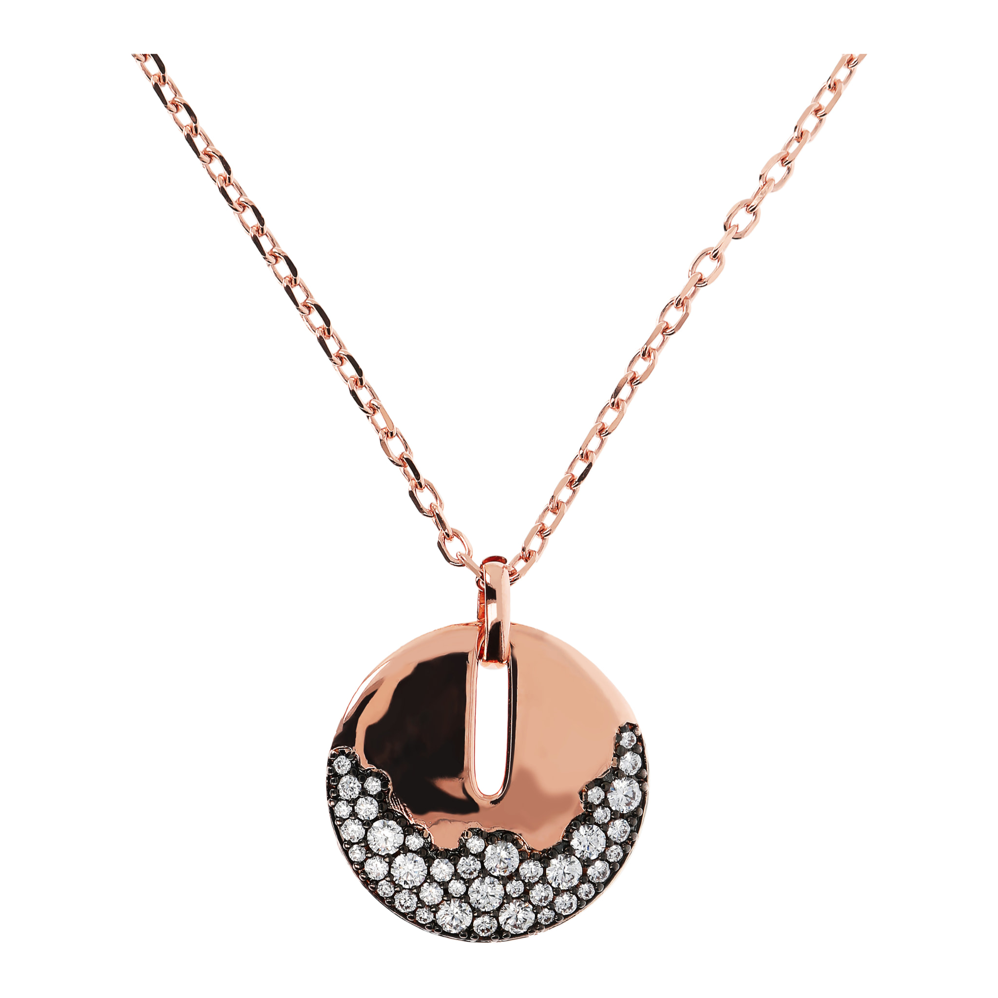 Collana con Pendente Tondo e Dettaglio Pavé in Cubic Zirconia Bianche Placcata Oro Rosa 18kt