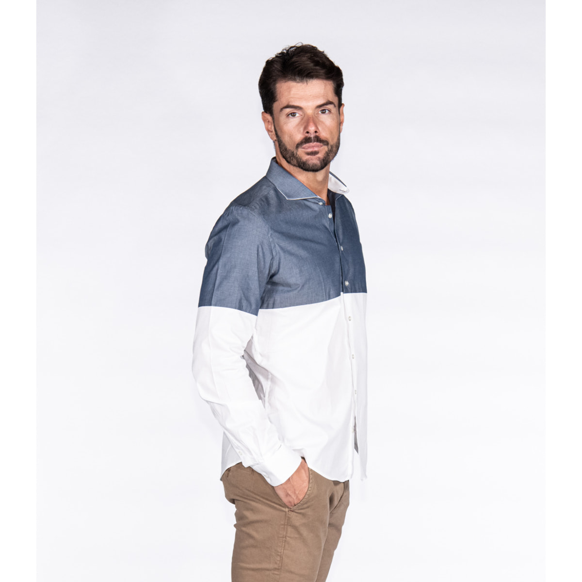 Camicie Manica Lunga Bicolore Popeline Stretch Unito Bianco