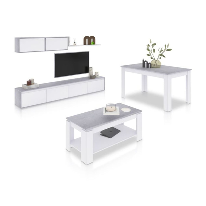 Pack salón con mesa de centro y mesa de comedor Arlet Max Blanco Artik (Blanco Mate) - Gris Cemento