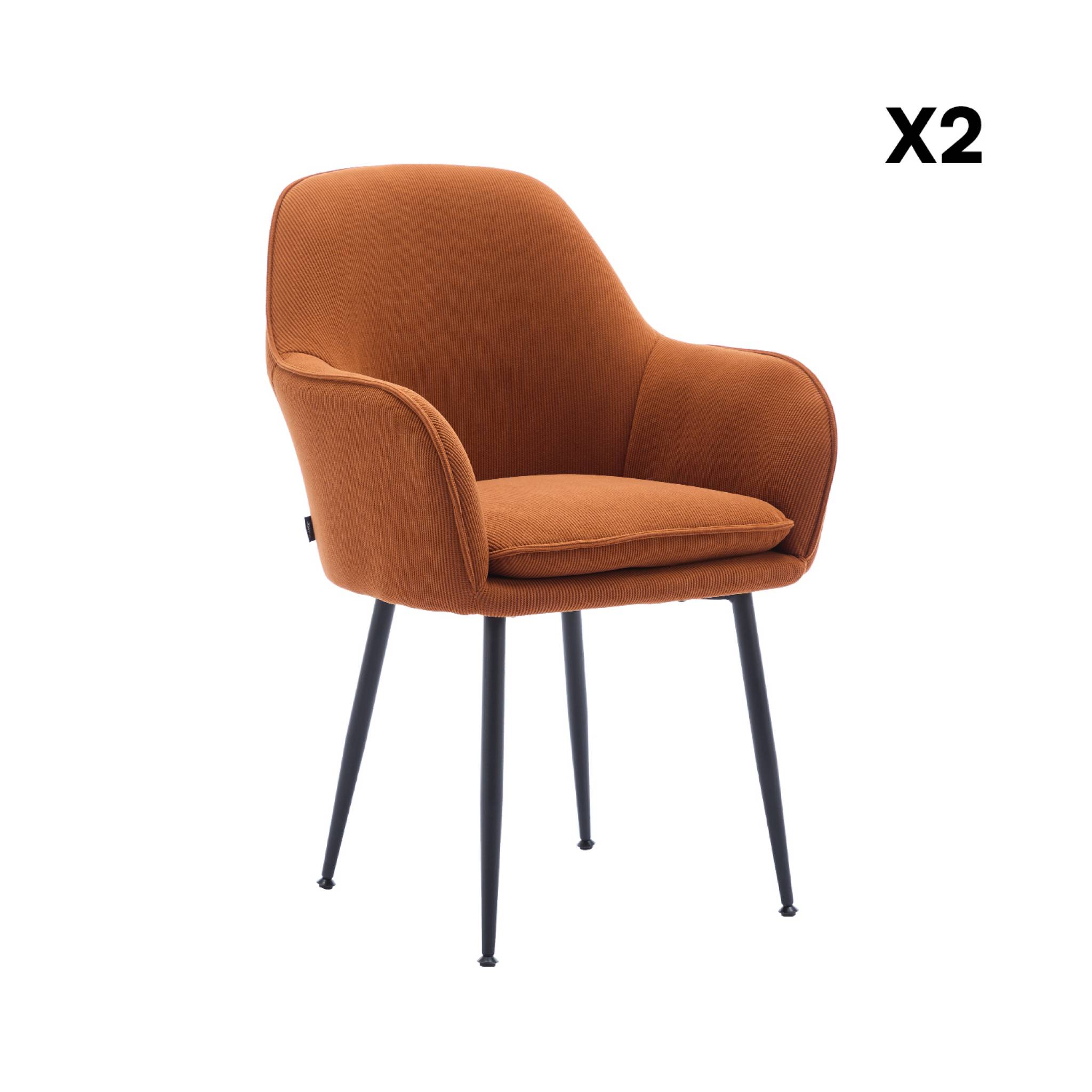 Lot de 2 fauteuils en velours côtelé camel et pieds en métal noir mat. L 57 x P 59 x H 84.5