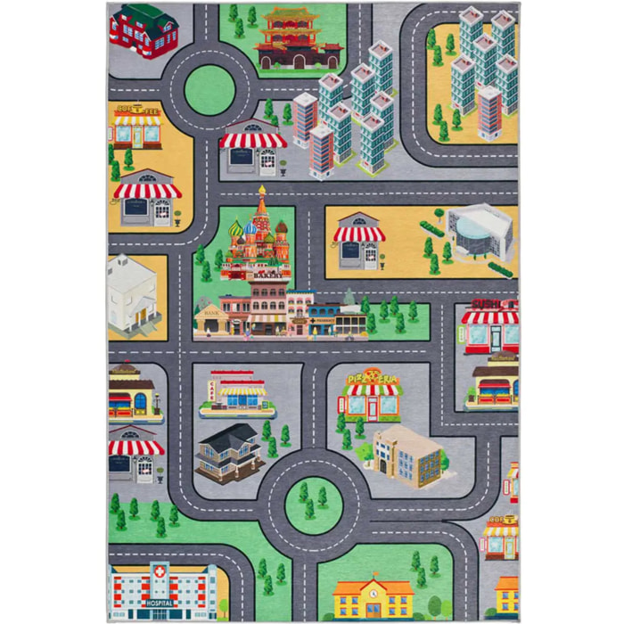 CANDY Alfombra infantil lavable con carreteras multicolor, 120x170 cm