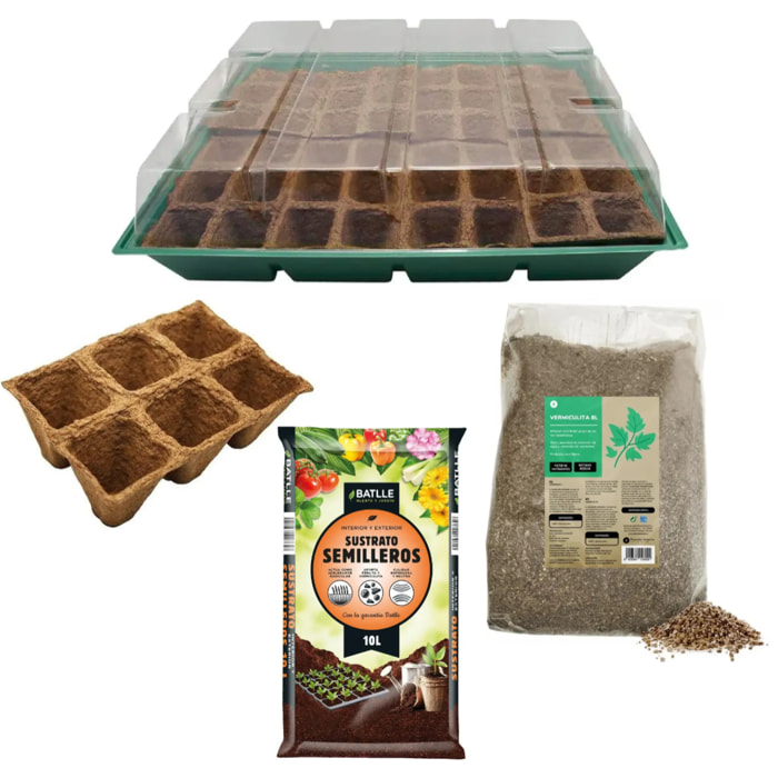 PLANETA HUERTO | Kit de Siembra con Semillero L con Tapa, Bandejas Biodegradables, Sustrato y Vermiculita – Kit de Siembra Mini Invernadero Ideal para Germinar Semillas en Casa o Jardín
