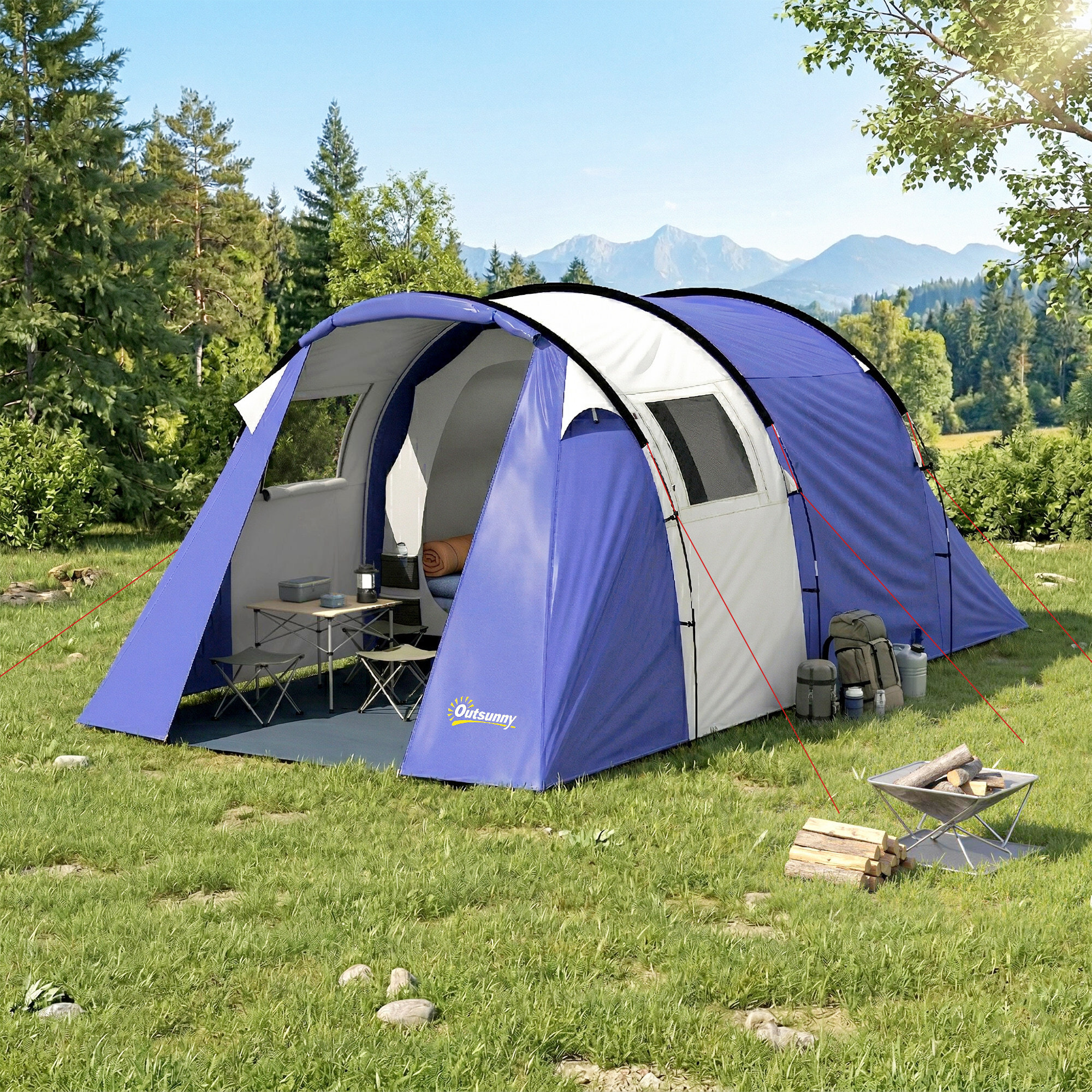 Tente de camping 4 pers. chambre + séjour imperméable 3000mm - 4,20x3x2m - bleu