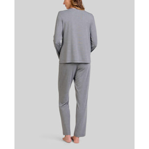 Pijama mujer tejido modal, escote en pico con raso, bolsillo, manga larga y pantalón largo